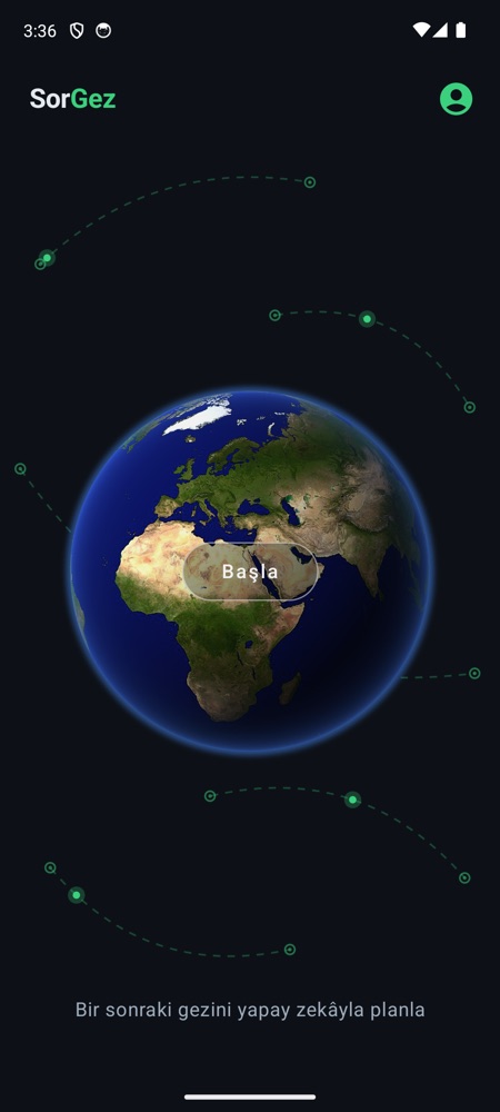 SorGez home screen: a photographic Earth turning over dashed flight routes, with a Start button at its centre