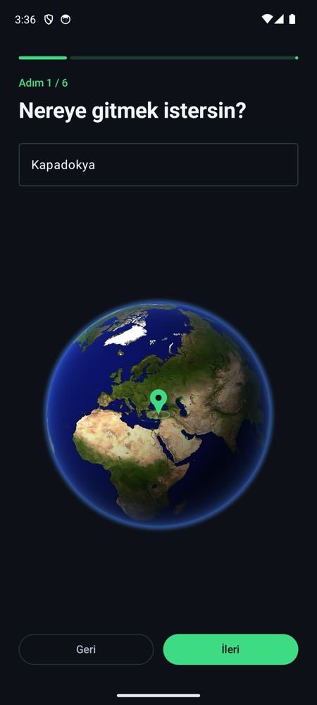 SorGez destination step: the Earth has turned to Cappadocia and a green pin marks the place