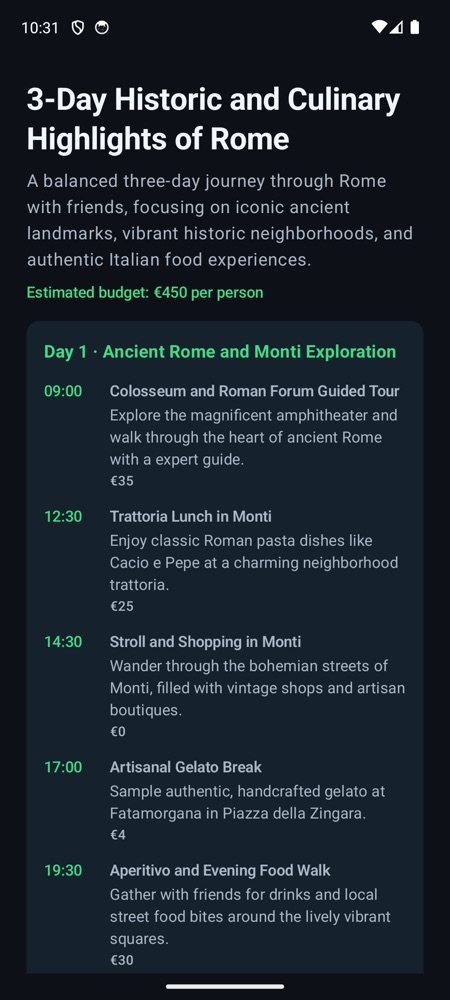 A three-day Rome plan in SorGez: day titles, times, activities and estimated costs